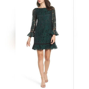 Eliza j flare sleeve lace shift min dress see through sleeves green wedding 6p